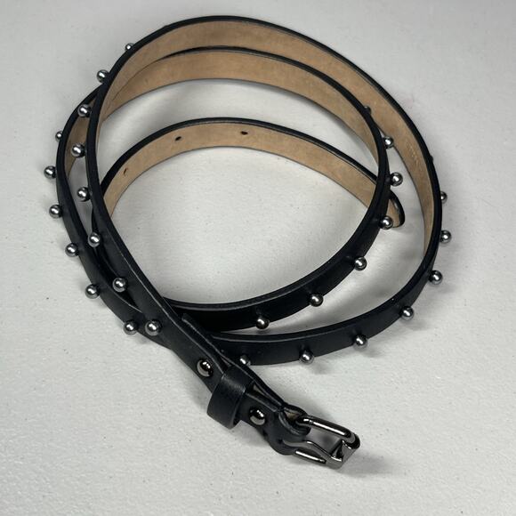 Ann Taylor Studded Leather Belt Womens Large Black Skinny Gun Metal Tone Buckle - Picture 1 of 6